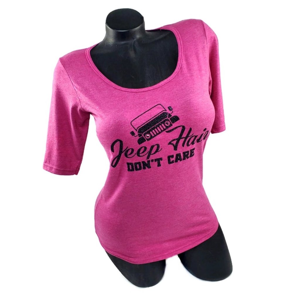 Jeep Hair Don't Care Hot Pink Heather Tri-Blend Deep Scoop 1/2 Sleeve Tee.